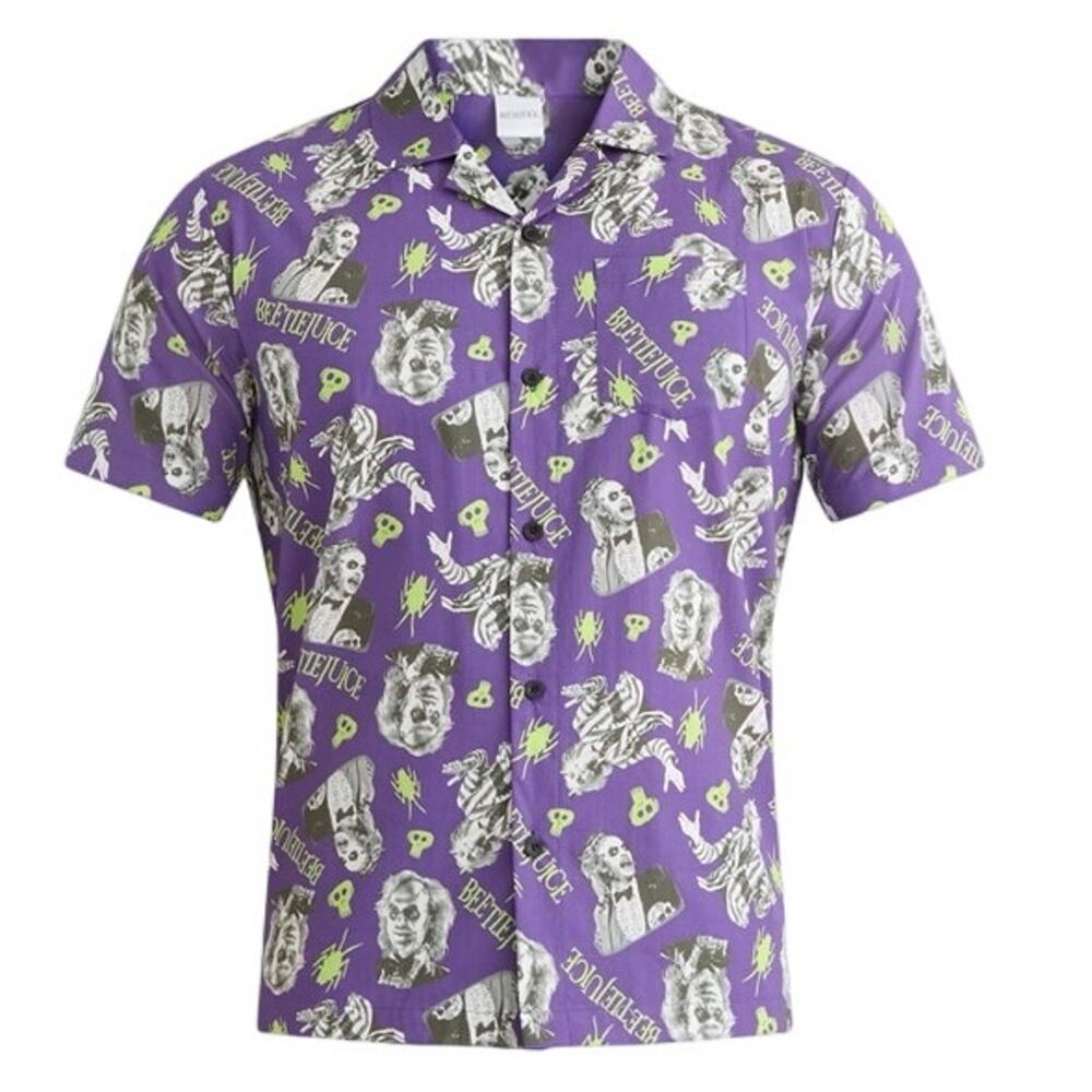 Beetlejuice Men's Print Button-Up Cotton Shirt w/ Short‎ Sleeves Size Large NEW